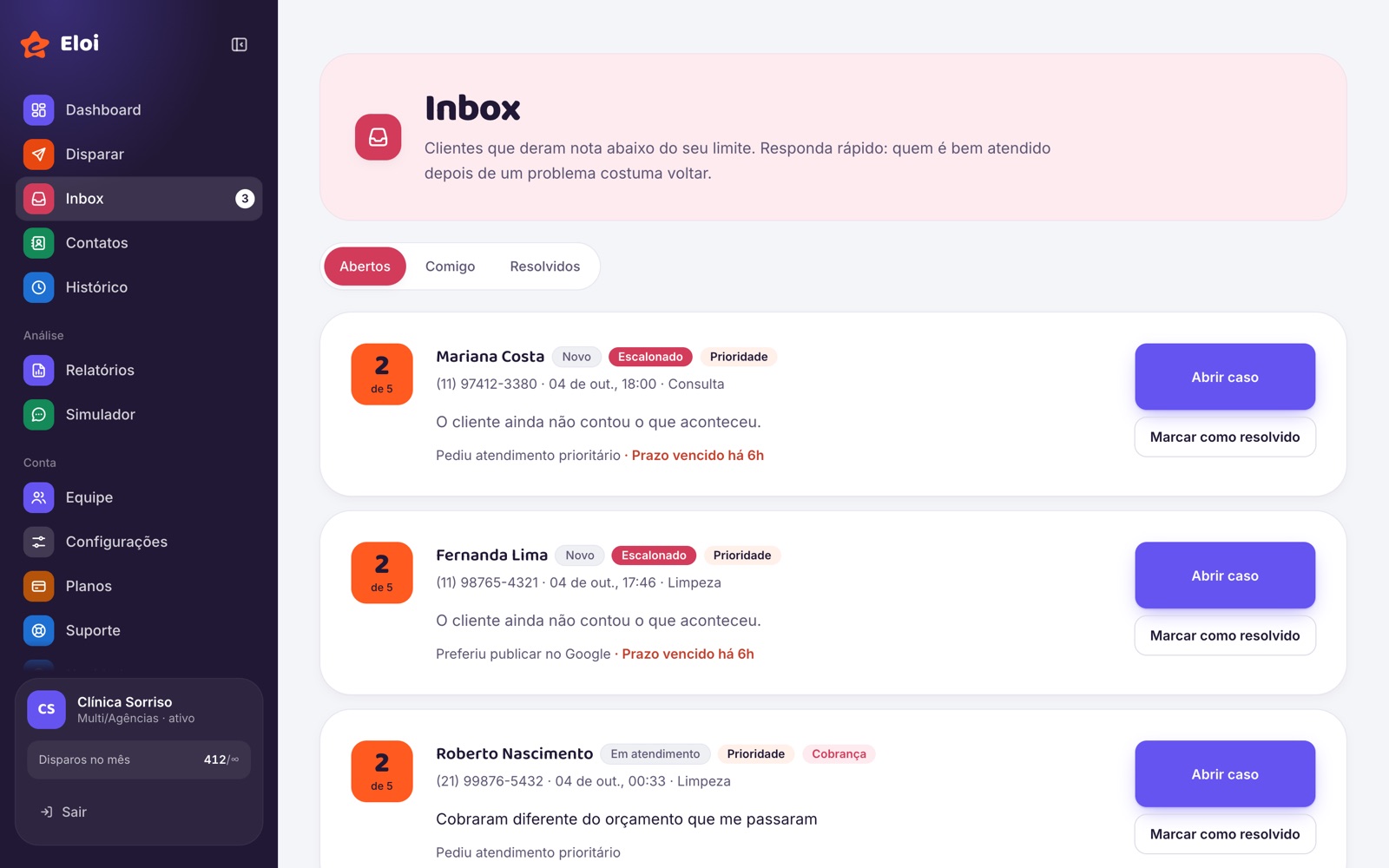 Inbox com os clientes que deram nota baixa